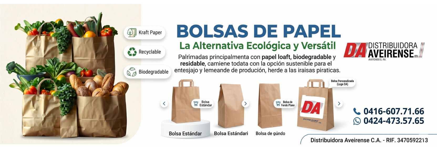 Súmate a la transición hacia empaques más conscientes y eleva la identidad de tu marca con la línea de bolsas de papel de Distribuidora Aveirense. Fabricadas principalmente con papel kraft biodegradable, reciclable y de alta resistencia, nuestras bolsas representan la alternativa ecológica idónea frente a las bolsas plásticas tradicionales, garantizando un empaque seguro sin comprometer el cuidado del medio ambiente. Desde panaderías y minimercados hasta boutiques y cadenas de delivery, te proveemos de soportes robustos que protegen tus productos y mejoran la percepción de tu negocio.